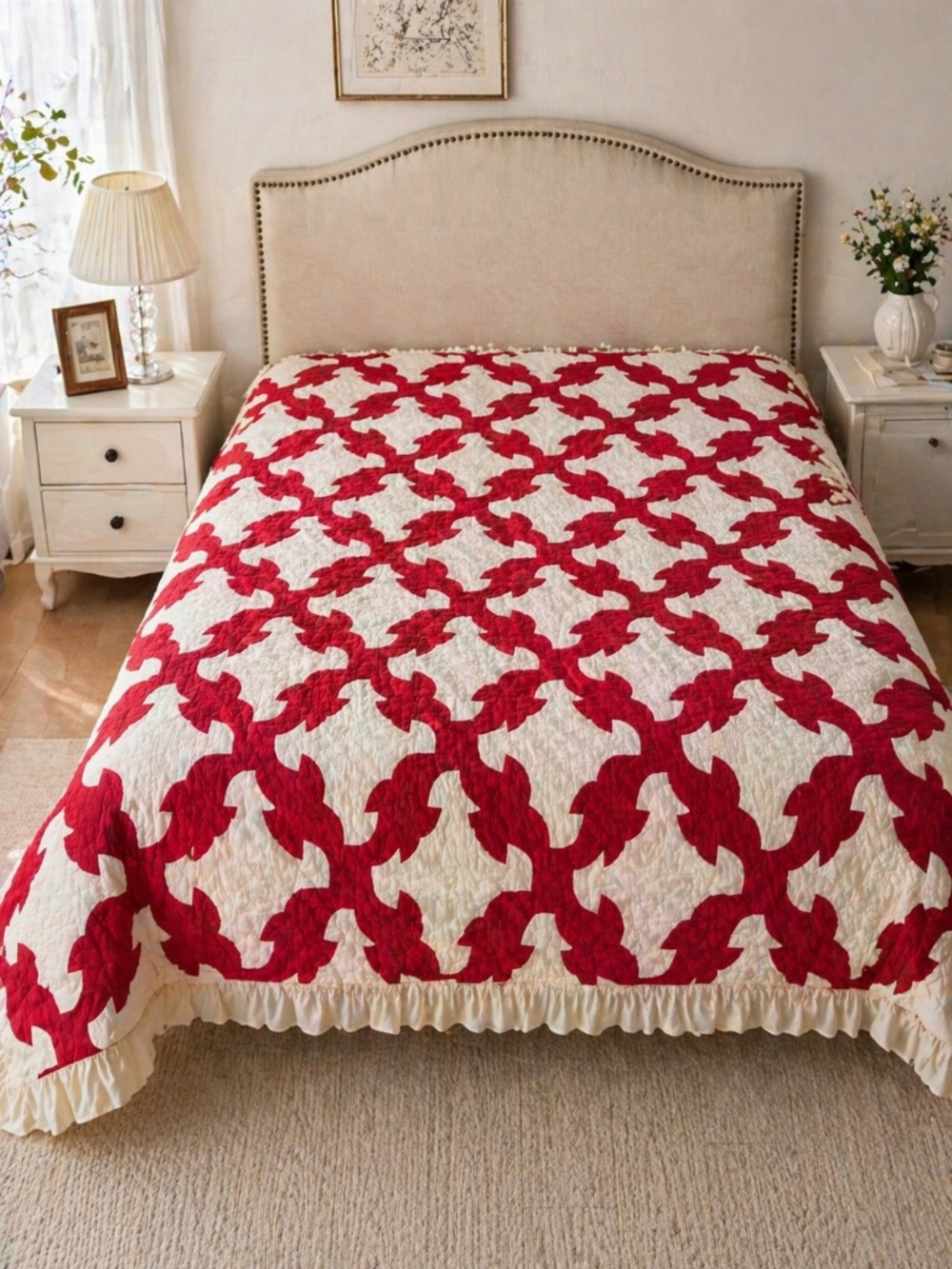 Vintage Style Red & White Quilt Throw w/ Ruffle Edge 68x72